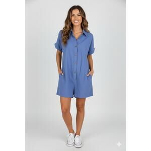 Better Be Womens Blue Button Up Short Sleeve Cotton Romper Collared Large NWT